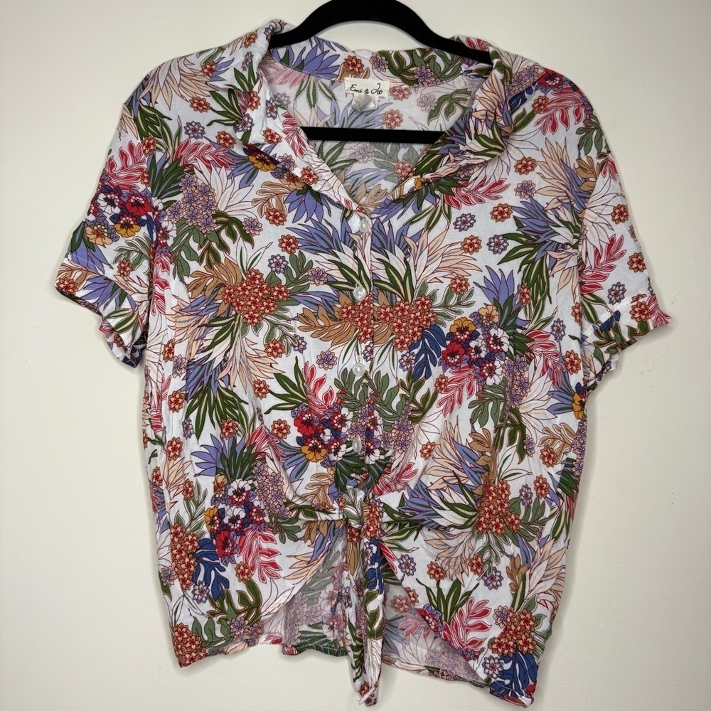 EMI & JOE Boho Floral Colorful Buttondown Knot Tie Blouse Top